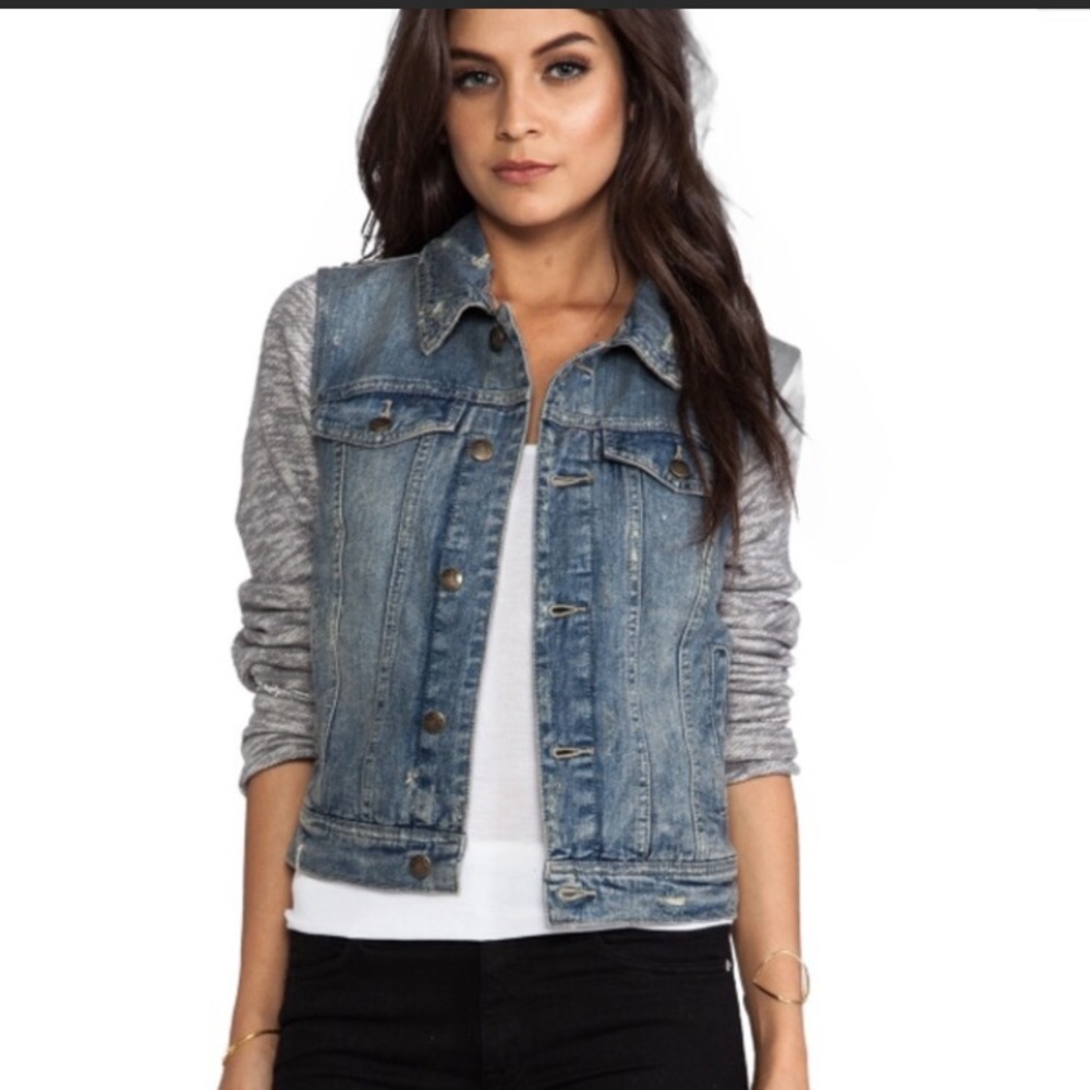 Free People Blue Jean Jacket with Gray Sleeves
